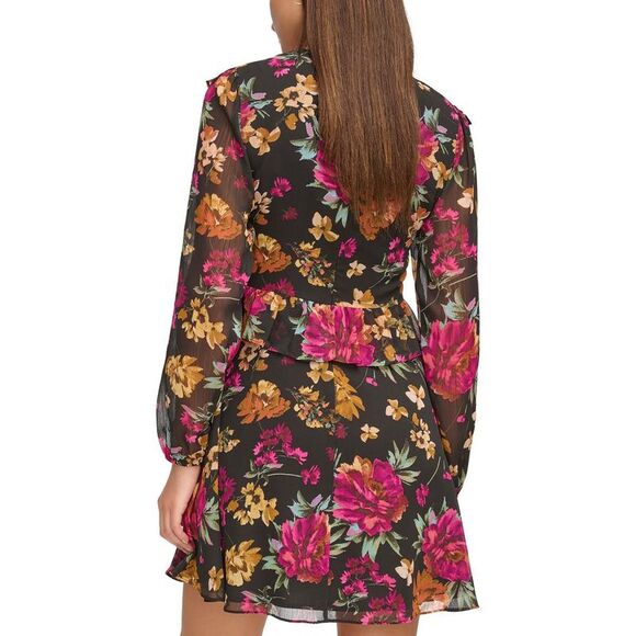 Kensie Dresses Womens Black V-Neck Mini Printed Fit & Flare Dress NWT - Picture 2 of 2